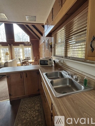 A kitchen with wooden cabinets and a sink.