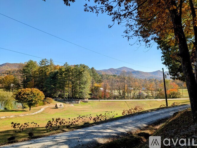 A rural landscape with a dirt road, trees, and a mountain in the distance.