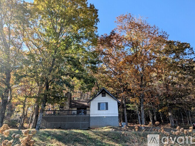 A house is surrounded by trees with autumn leaves.