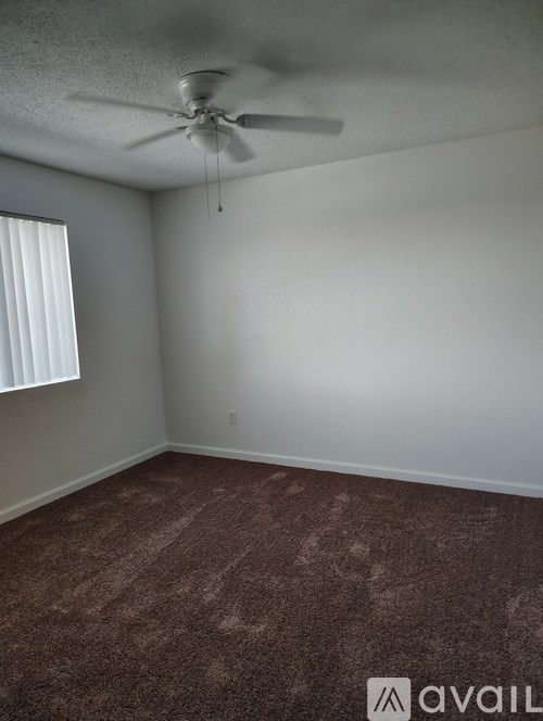 A room with a carpeted floor and a ceiling fan.