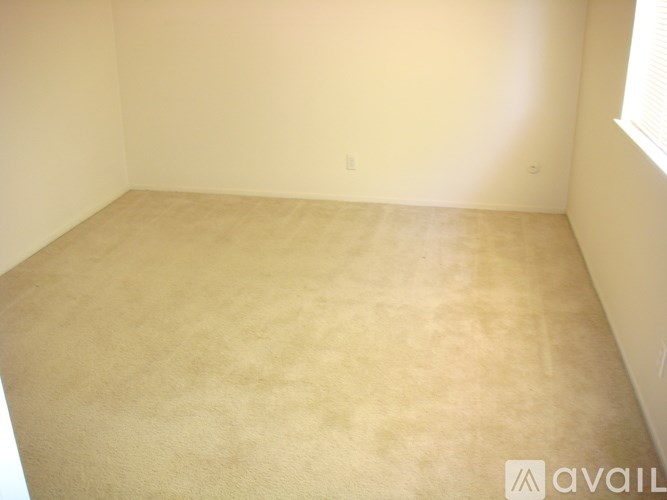 A room with a light colored carpet and white walls.