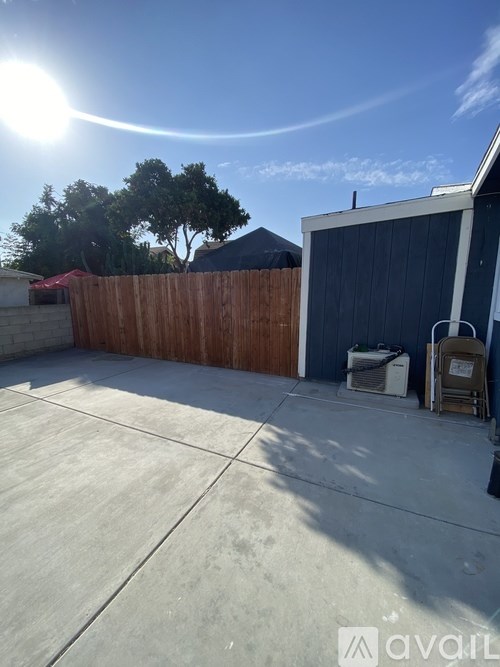 A sunny backyard with a wooden fence and a blue shed.