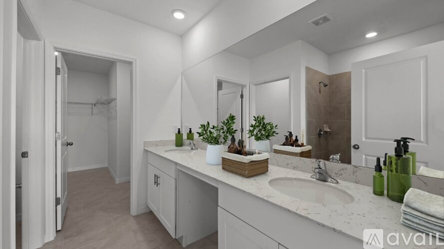 A bathroom with a white sink and a mirror above it.