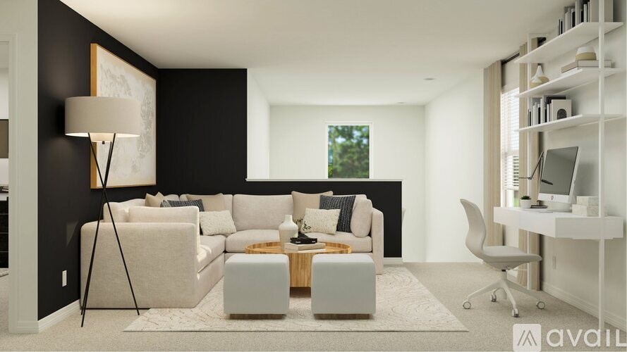 A modern living room with a white sofa and a wooden coffee table.