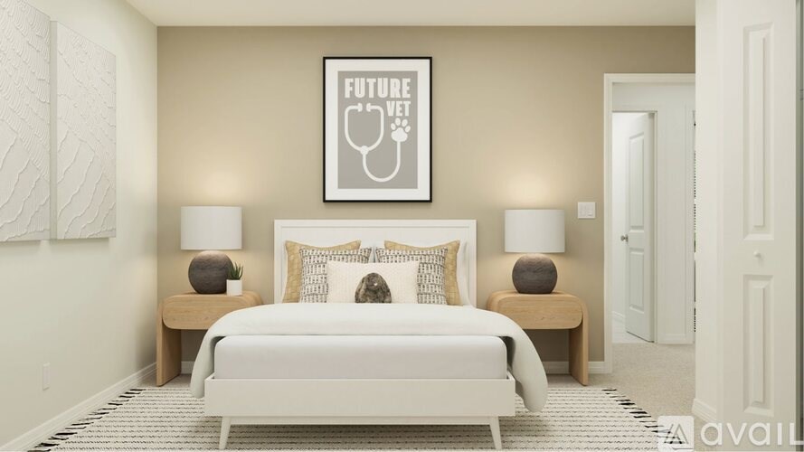 A bedroom with a white bed and a picture of a stethoscope with the words "Future Vet" on the wall.