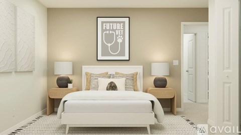 A bedroom with a white bed and a picture of a stethoscope with the words "Future Vet" on the wall.