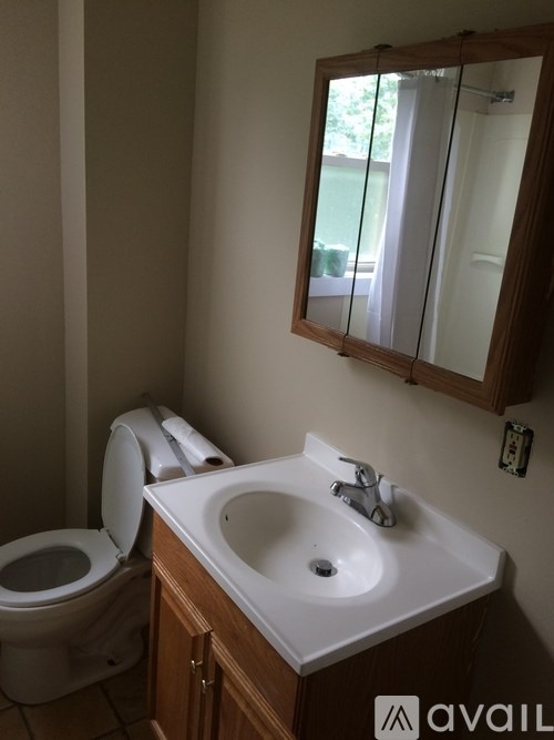 A bathroom with a toilet, sink and mirror.
