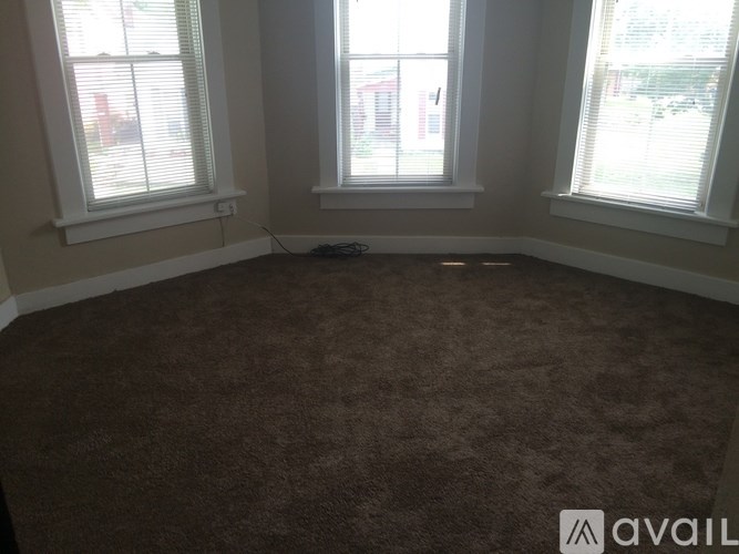 A room with brown carpet and two windows.