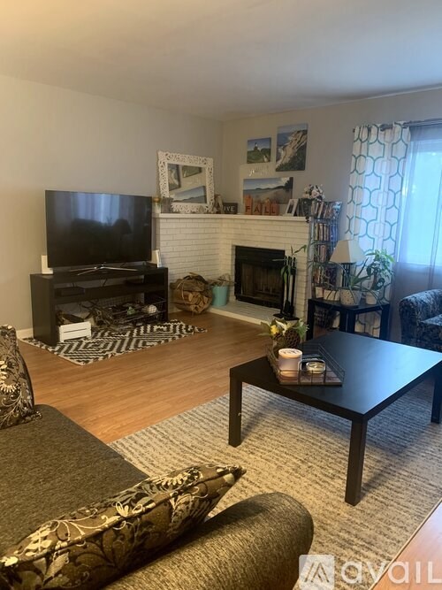 A living room with a fireplace and a television.