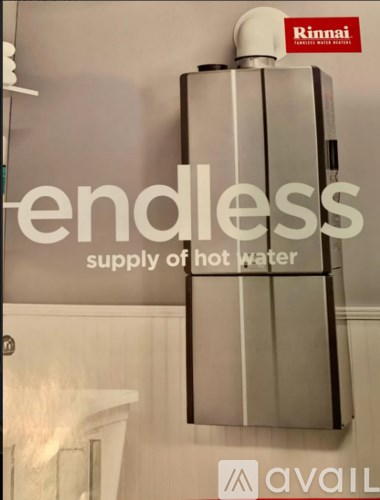 A Rinnai tankless water heater is advertised as providing an endless supply of hot water.