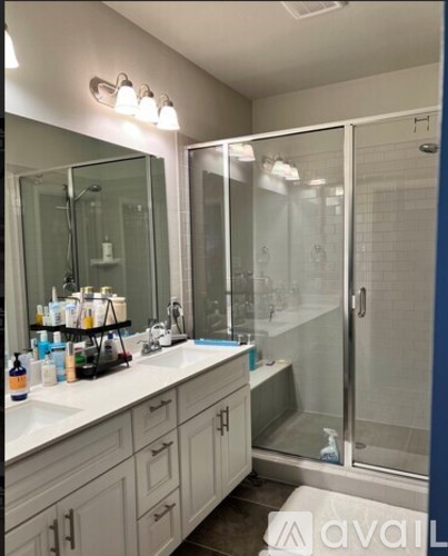 A bathroom with a sink, mirror, and shower.