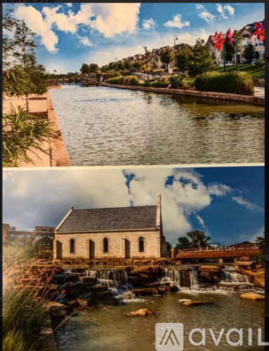 A serene landscape featuring a river, a church, and a bridge.