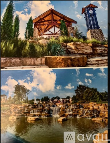 A serene landscape featuring a wooden structure, a waterfall, and a blue clock tower.