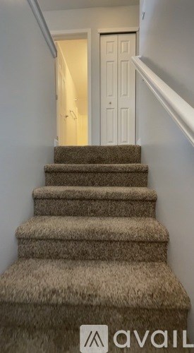A staircase with a carpeted runner and a white door at the top.