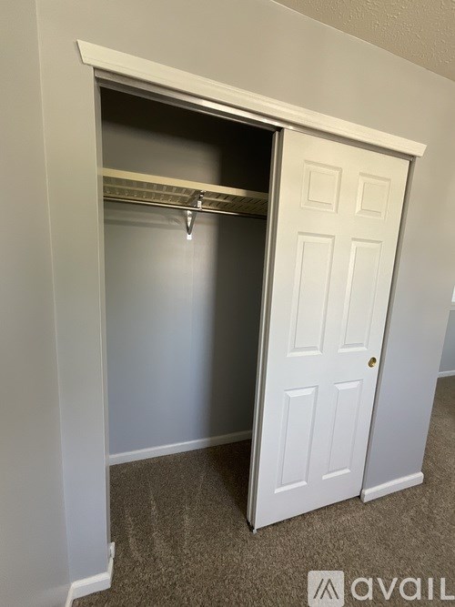 A white door is open to a small closet.
