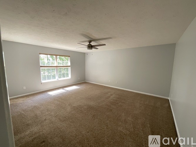 A room with a carpeted floor and a ceiling fan.