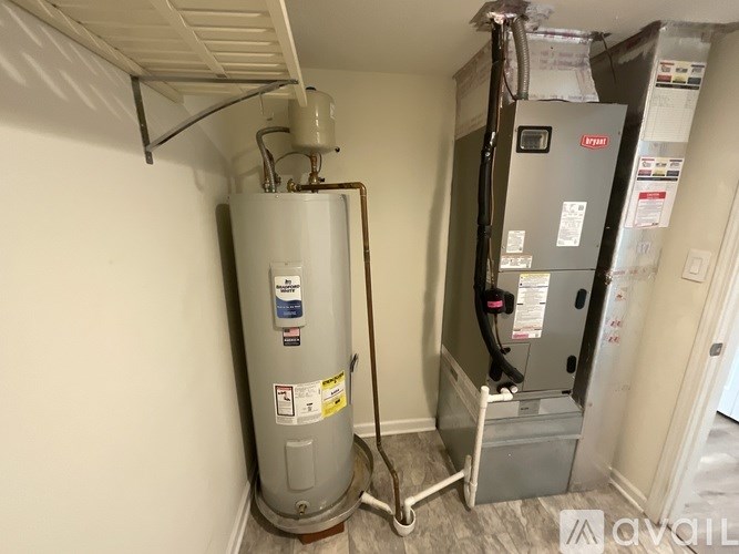 A room with a water heater and a furnace.