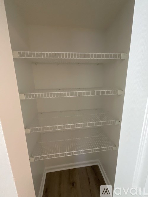 Empty white shelves in a pantry.