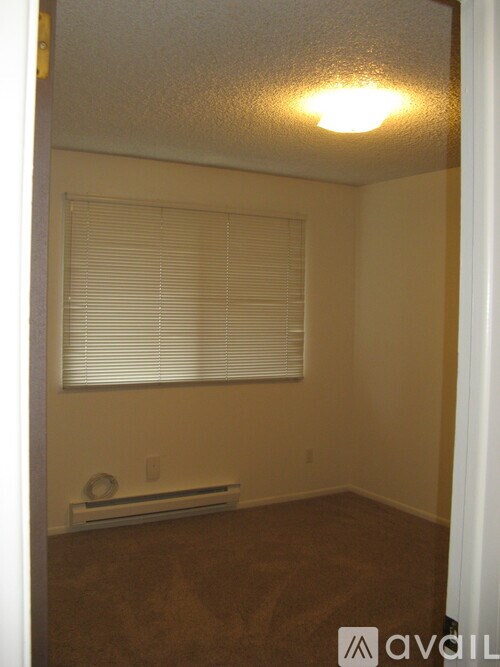 A room with a window covered by blinds and a ceiling light.