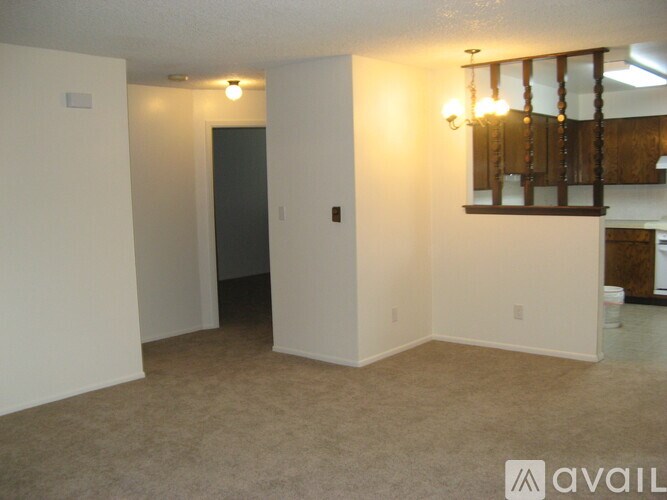 A room with a carpeted floor and a mirror on the wall.