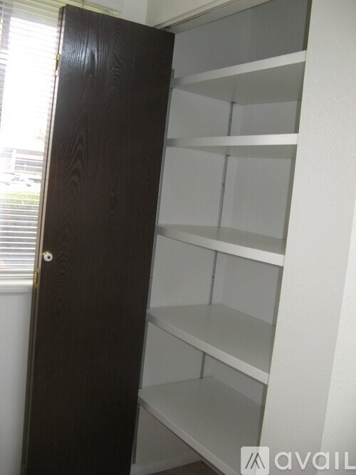 A brown door is open to a white shelving unit.