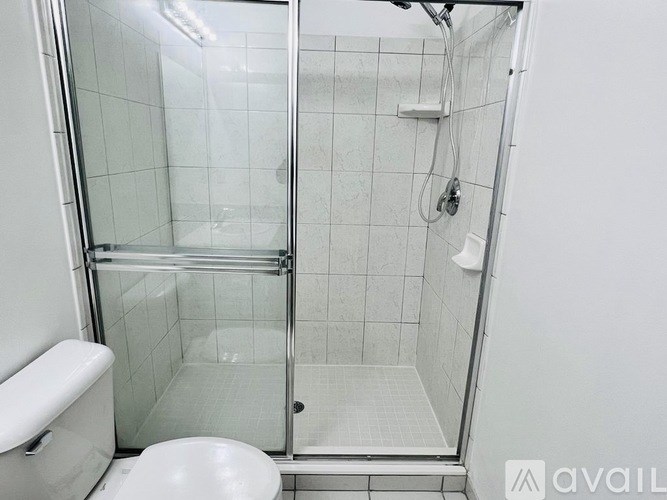 A white toilet is next to a walk-in shower with a glass door.