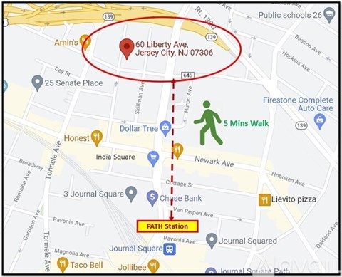 A map shows a walking route from PATH Station to 60 Liberty Ave, Jersey City, NJ 07306.