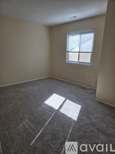 A room with a carpet and a window.