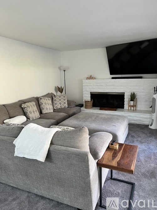 A living room with a grey couch and a fireplace.