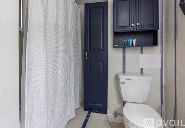 A white toilet sits next to a blue door in a bathroom.