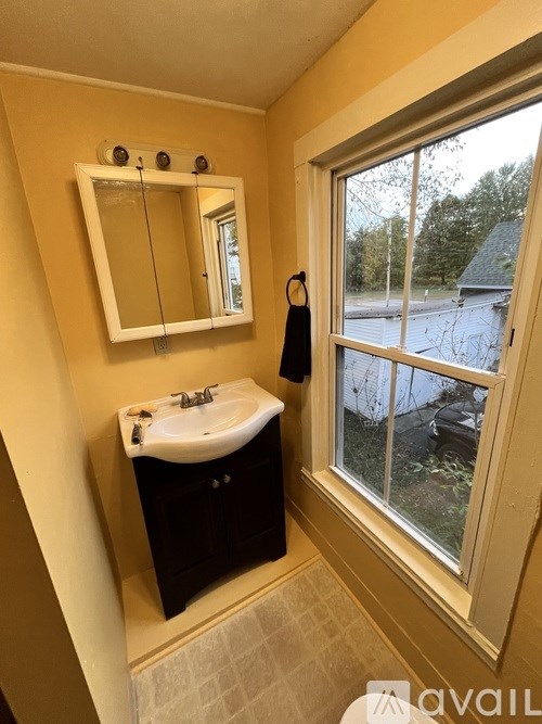 A bathroom with a sink, mirror, and a window.