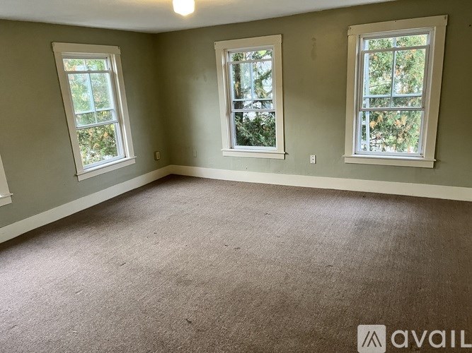 A room with two windows and carpeted floor.