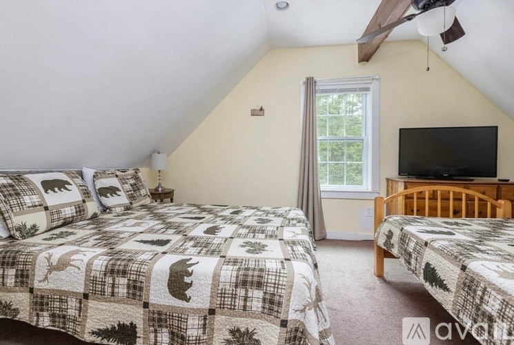 A bedroom with two beds and a television in the corner.