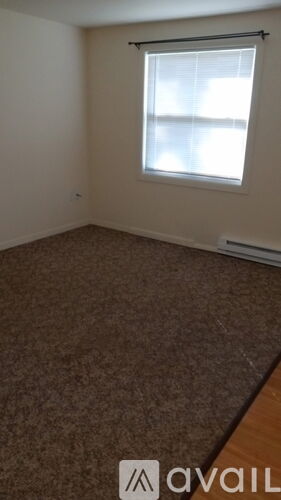 A room with a carpeted floor and a window.