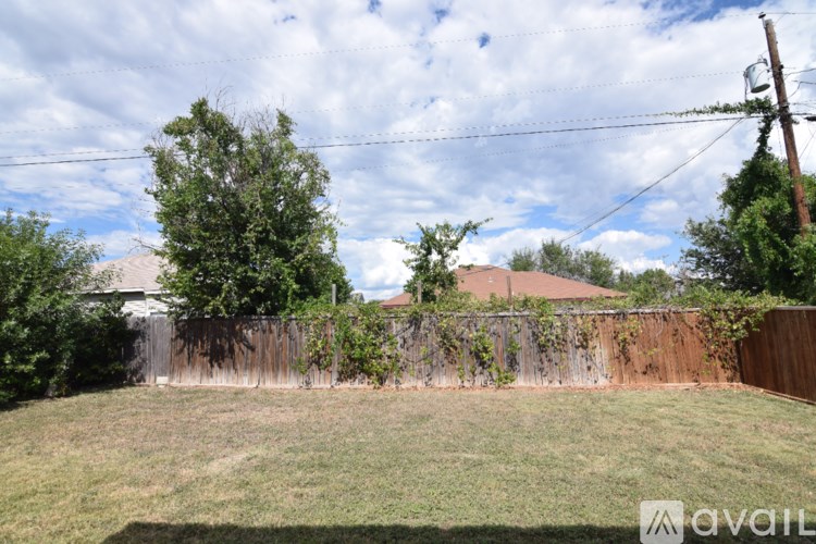 A backyard with a fence and a tree.