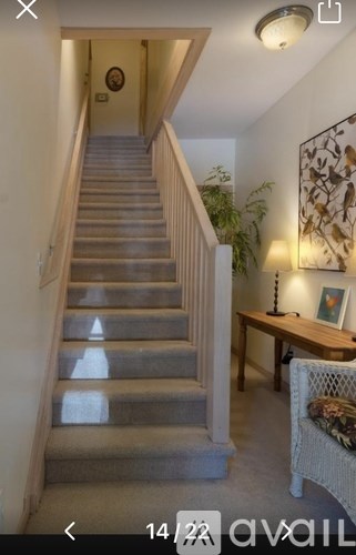 A staircase with a light on the wall and a plant on the side table.