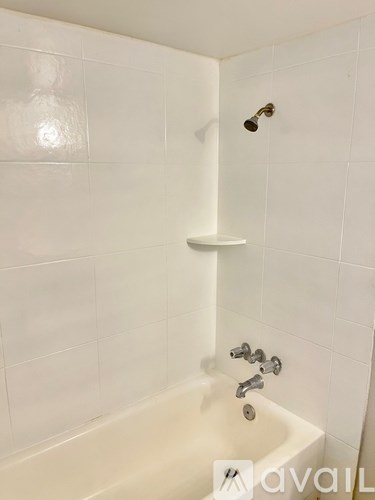 A white bathtub with a shower head and faucet.