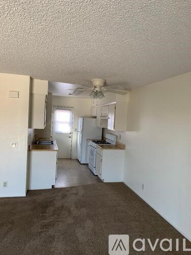 A room with a fan and a washing machine.