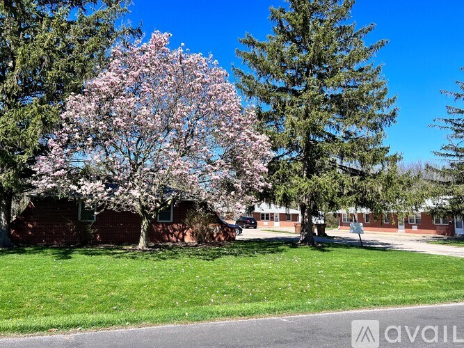 A tree with pink blossoms stands in front of a brick building.