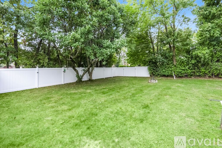 A backyard with a white fence and a tree in the middle.
