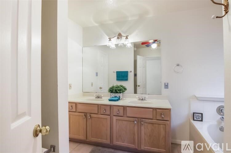 A bathroom with a vanity and a mirror.