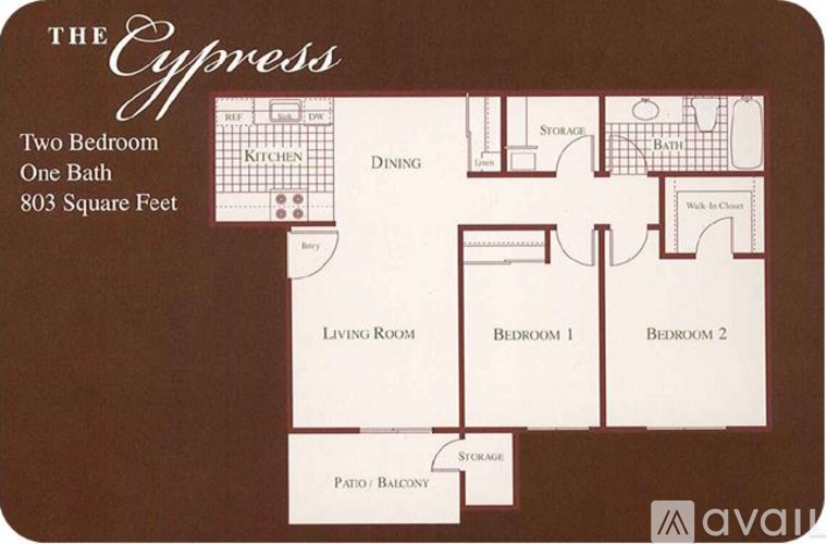 A floor plan for a two bedroom, one bath apartment at The Cypress.