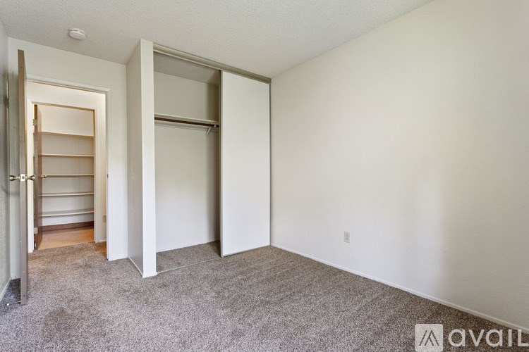 A room with a carpeted floor and a wall-mounted shelf.