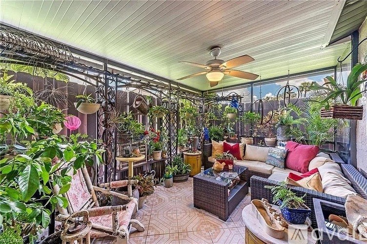 A patio with a table, chairs, and plants.