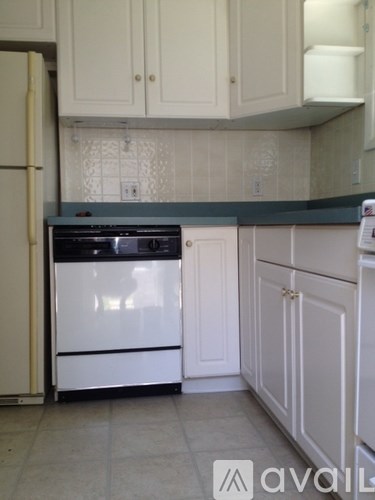 A kitchen with white cabinets and a white dishwasher.