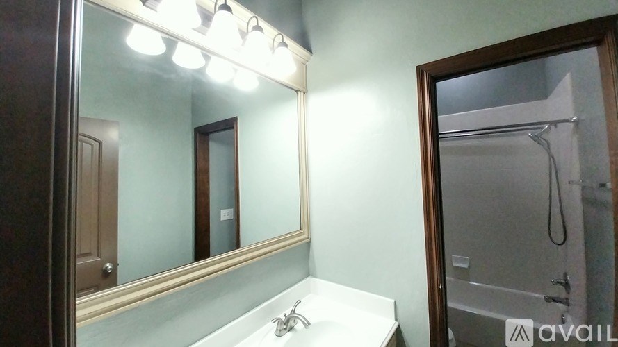 A bathroom with a sink, mirror, and shower.