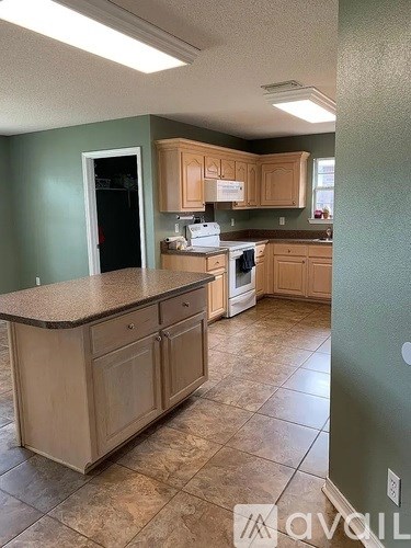 A kitchen with green walls and a wooden island.
