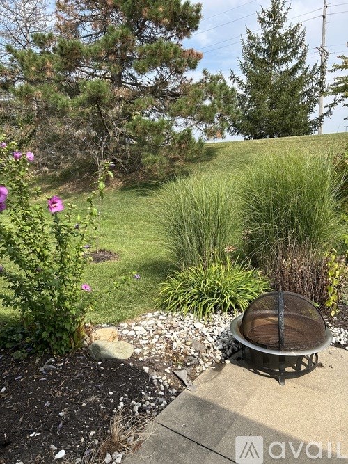 A garden with a fire pit surrounded by grass and trees.