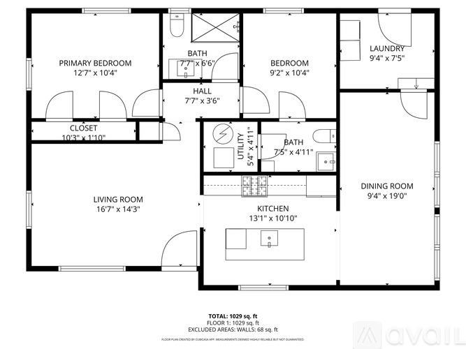 A floor plan of a house with a living room, two bedrooms, a bathroom, a laundry room, a hall, a kitchen, and a dining room.