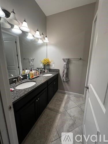 A bathroom with two sinks and a mirror.